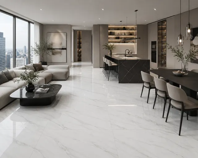 Italian Statuario porcelain tile installed in a room